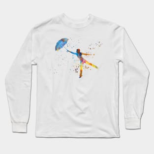 happy woman holding umbrella silhouette in watercolor Long Sleeve T-Shirt